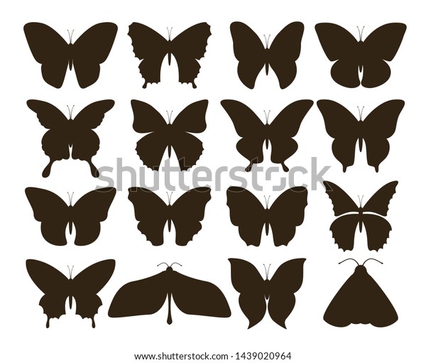 シルエット蝶 手描きの黒い入れ墨のシェイプの簡単なコレクション ビンテージハエのセット 蝶の絵 のイラスト素材 1439020964