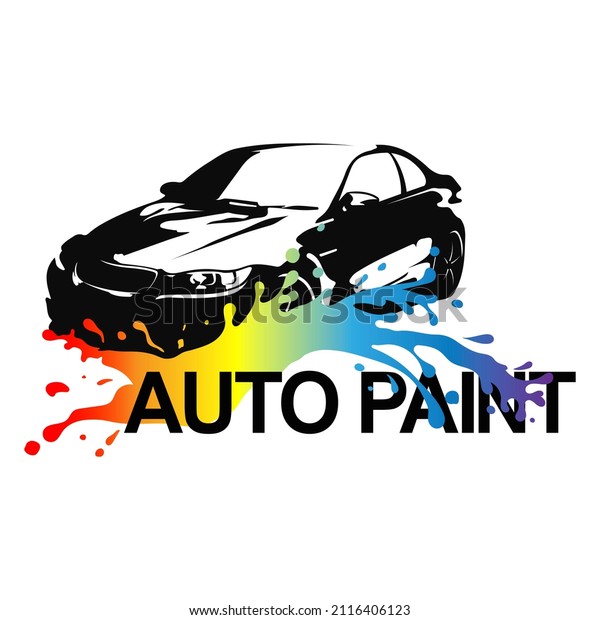 Silhouette of a car and blots of\
colored paint. Paint car workshop. Painting auto symbol for\
business