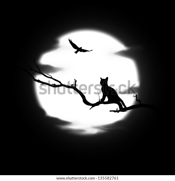 silhouette of a cat on a big
moon