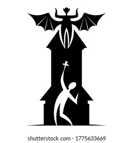 Silhouette Character Contour Flat Minimal Cartoon Humor Satire  Stickman Illustration Priest With A Crucifix On The Background Of The Chapel, A Vampire With Spread Wings On The Roof Of The Church