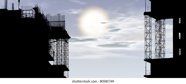 Silhouette of construction, construction equipment and elements of the building under construction on the sky background