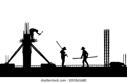 Silhouette Construction Team Working On  White Background.