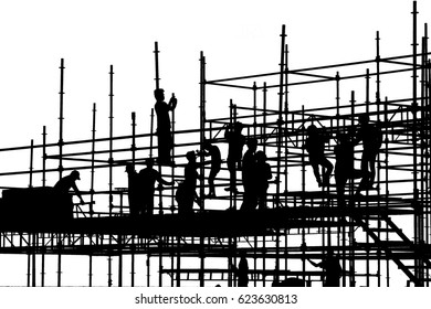 Silhouette Construction Workers Working On Scaffolding Stock ...