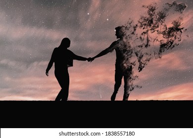 Silhouette of couple in black. The man's figure vanishes in smoke. Concept of end of love, end of love, couple separating, couple in the distance. - Powered by Shutterstock