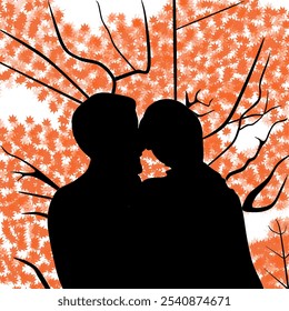 Silhouette a couple or husband and wife hugging each other intimately in the garden with an autumn backdrop with reddish brown leaves falling around them, creating a warm and romantic atmosphere. - Powered by Shutterstock