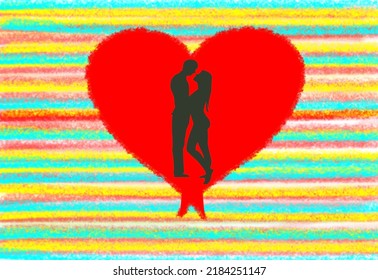 Silhouette of a couple in love with one red heart