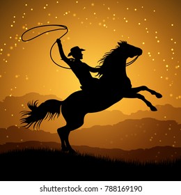 Silhouette Of Cowboy With Lasso On Rearing Horse. Cowboy Man With Horse Sunrise. Illustration