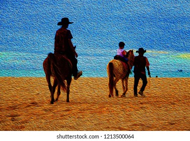 Silhouette Cowboy Riding A Horse On Sunrise. Oil Painting