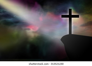 Silhouettes Praying Woman Man Under Cross Stock Illustration 2125952105