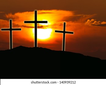 Silhouette Crosses Sunrise Sunset Light Rays Stock Illustration ...