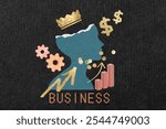 Silhouette with crown, gears, and dollar signs symbolizes business success. Arrows and charts highlight growth and business strategy. Business theme emphasized.