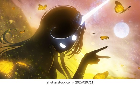 The Silhouette Of A Cute Anime Unicorn Girl, She Smiles Cheerfully And Shows Two Fingers, Glowing Butterflies Fly Around On The Background Of A Fantasy World With Bright Juicy Forest Flowers 2d