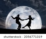 Silhouette of a dancing duo performing the swing dance move against a full moon night sky for the concept of party the night away. 3D illustration. Elements of this image furnished by NASA.