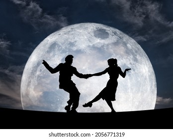 Silhouette of a dancing duo performing the swing dance move against a full moon night sky for the concept of party the night away. 3D illustration. Elements of this image furnished by NASA.
