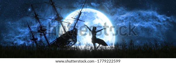 silhouette of a dancing woman
against the background of the moon and a flooded old ship, 3d
illustration