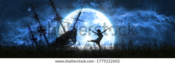 silhouette of a dancing woman\
against the background of the moon and a flooded old ship, 3d\
illustration