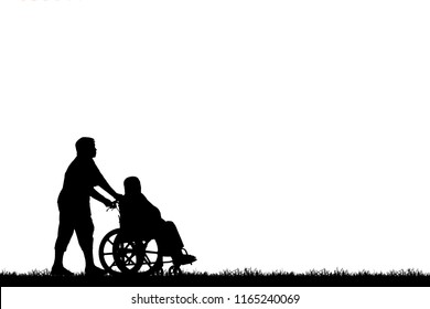 Silhouette Daughter To Care A Wheelchair Mother To Walk On White Background