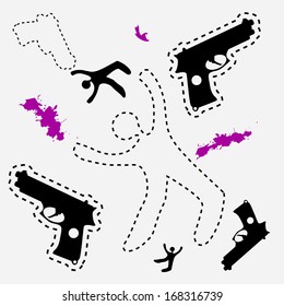 Silhouette Of The Dead Man And Gun On The Ground, Background Dead Body Otline With Hand Gun 