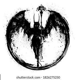 A Silhouette Of A Demon Girl With Huge Wings Holds A Strange Staff In Her Hand, She Has Long Horns, She Soars In The Air. 2D Illustration
