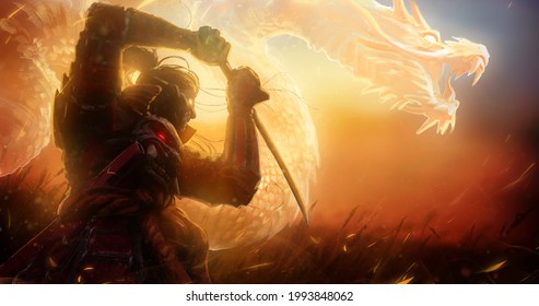 The silhouette of a demonic samurai in a fighting stance, behind him a huge spirit of a golden dragon, They are allies bound by the magic of the sun, standing at sunset in the middle of a wheat field.