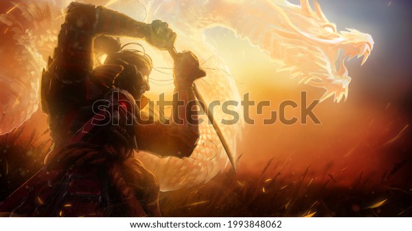 The silhouette of a demonic samurai in a fighting\
stance, behind him a huge spirit of a golden dragon, They are\
allies bound by the magic of the sun, standing at sunset in the\
middle of a wheat\
field.