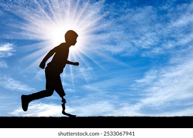 Silhouette of determined disabled boy runner with prosthetic leg against sky background. Ideal for motivation, inspiration and overcoming challenges themes for disabled children with prosthetic leg - Powered by Shutterstock