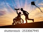 A silhouette of a disabled boy in a wheelchair reaching for the sky with a toy airplane, while his friend runs alongside holding a kite. Childhood friendship, support with disabled people