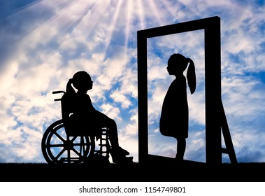 Silhouette Of A Disabled Child Girl Sitting In A Wheelchair Looking In The Mirror And Sees Herself In The Reflection Of A Healthy Standing.  Concept Of Disabled Children With The Hope Of A Healthy