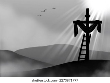 Silhouette drawing the cross the resurrected Jesus the background light rays  Black   white horizontal illustration  Image Without text 