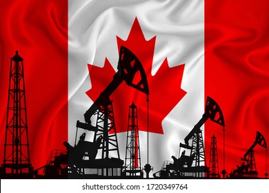 Silhouette Of Drilling Rigs And Oil Derricks On The Background Of The Flag Of Canada. Oil And Gas Industry. The Concept Of Oil Fields And Oil Companies.