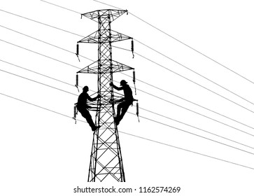 Silhouette Electrical Engineers Working On Electricity Pylon High Tension Power Line Repairs And Maintenance On White Background