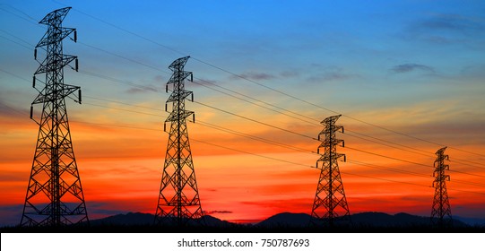 silhouette electricity pole, electricity pylons technology on sunset time background