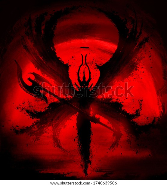 大きな翼を持つ優美な角の悪魔のシルエットと 手に矛を持ち 血のように赤い月の背景に空を舞う 2dイラスト のイラスト素材