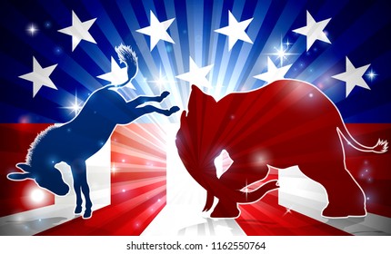 A Silhouette Elephant And Donkey With An American Flag In The Background Democrat And Republican Political Mascot Animals