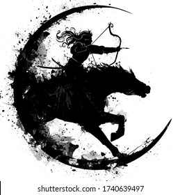 The silhouette of an elf girl riding a horse with a bow in her hands, pulling an arrow ready to shoot, her long hair flying in the wind.  2D illustration.