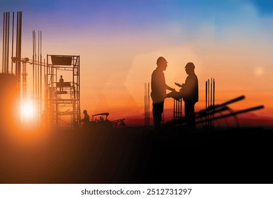 Silhouette of engineer and construction team working at site over blurred background sunset pastel for industry background with Light fair.	
 - Powered by Shutterstock