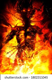 The silhouette of an exhausted woman chained in chains and thorns, beggingly looking up into the heavens, her body burned with a bright fire in hell. 2D illustration.