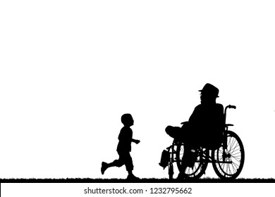  Silhouette Of A Family In A Wheelchair.