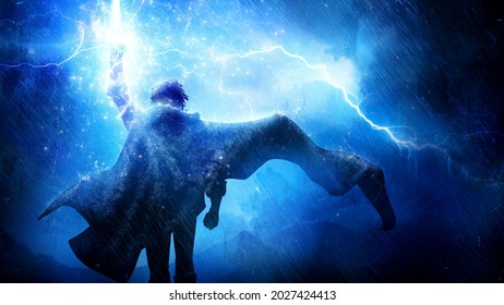 The silhouette of a fantasy hero with a long cloak fluttering in the wind, he confidently goes forward raising his fist up, which is hit by bright lightning, torrential rain pours on him 2d art