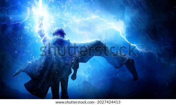 The silhouette of a fantasy hero with a long cloak\
fluttering in the wind, he confidently goes forward raising his\
fist up, which is hit by bright lightning, torrential rain pours on\
him 2d art