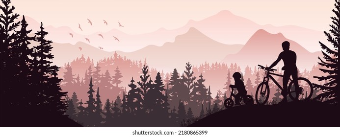 Silhouette of father and child riding bikes in wild nature landscape. Forest and mountains in the background. Magical misty landscape. Banner. Horizontal illustration.  - Powered by Shutterstock