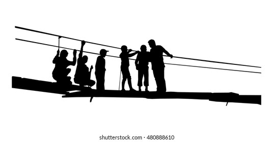 Silhouette Of Father With Children In Broken Rope Bridge.