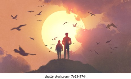 silhouette of father and son standing on the mountain looking at the sun rising in the sky, digital art style, illustration painting