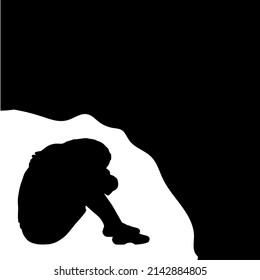 Silhouette of fearful woman in shelter. Illustration symbol icon jpg