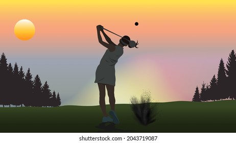 Silhouette female golfer playing golf with splashed dust at sunset. - Powered by Shutterstock