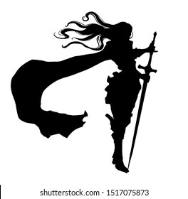 Silhouette of a female knight with long hair and cloak, standing proudly in the wind leaning on a long sword. 2D illustration.