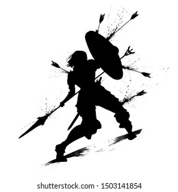 Silhouette of a female knight raising her shield to protect herself from arrows. 2D Illustration.