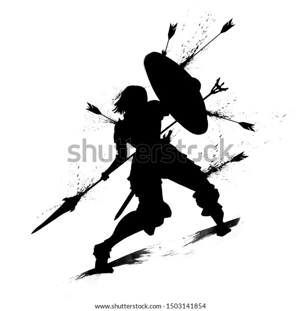 矢から身を守るために盾を持ち上げる女の騎士のシルエット 2dイラスト のイラスト素材