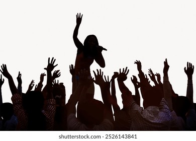 Silhouette of a female singer performing on stage. Female singer with microphone, hands raised in the crowd. Excited audience cheering for the female singer. Silhouette of singer and crowd in concert. - Powered by Shutterstock