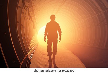 Silhouette figures working in the tunnel.,3d render